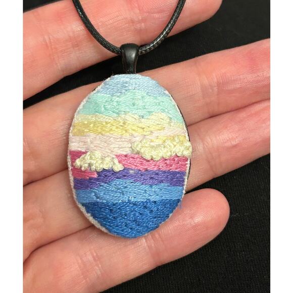 Sunset Embroidery Necklace Handmade Pendant Jewelry - Picture 3 of 3